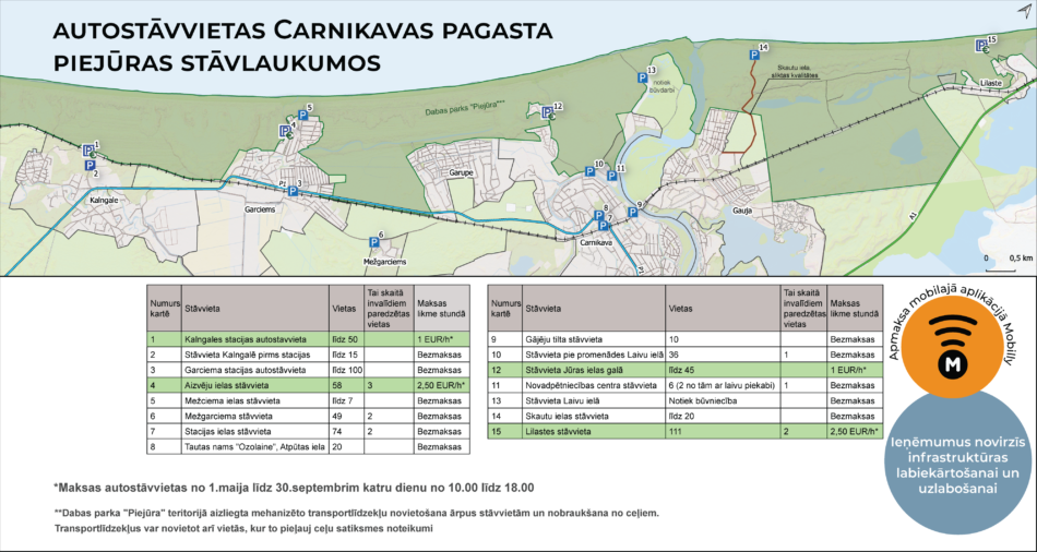 infograma ar karti par piejūras autostāvvietām Carnikavā