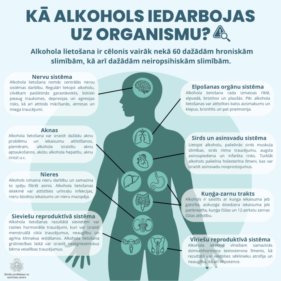 informatīvs baneris par alkohola kaitīgo ietekmi uz organismu